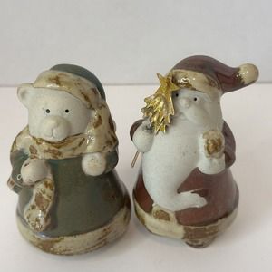 Pier 1 Imports Pottery Christmas Santa & Bear 3” Tall Brown/Green Gold Glossy